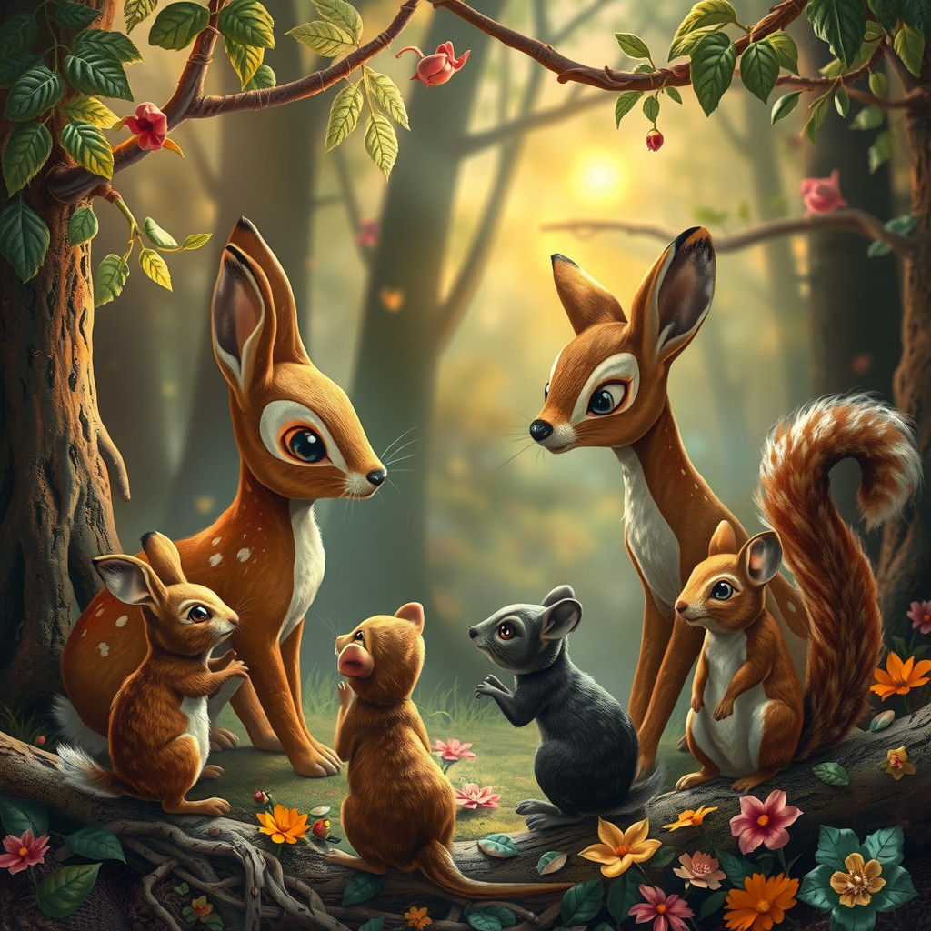 Bambi and Woodland Creatures in Whimsical Forest Scene
