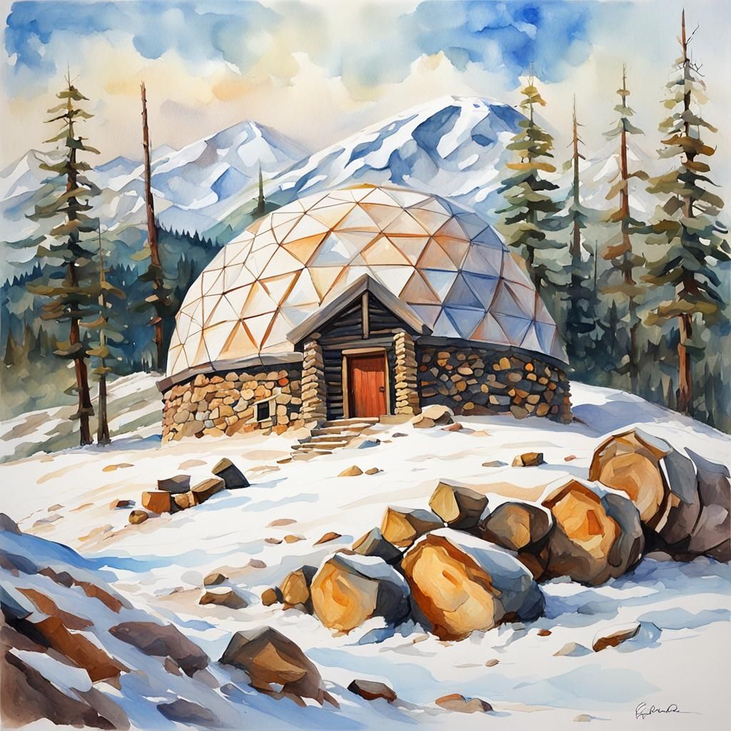 Arctic Building Under Dome in Gouache Watercolor Style
