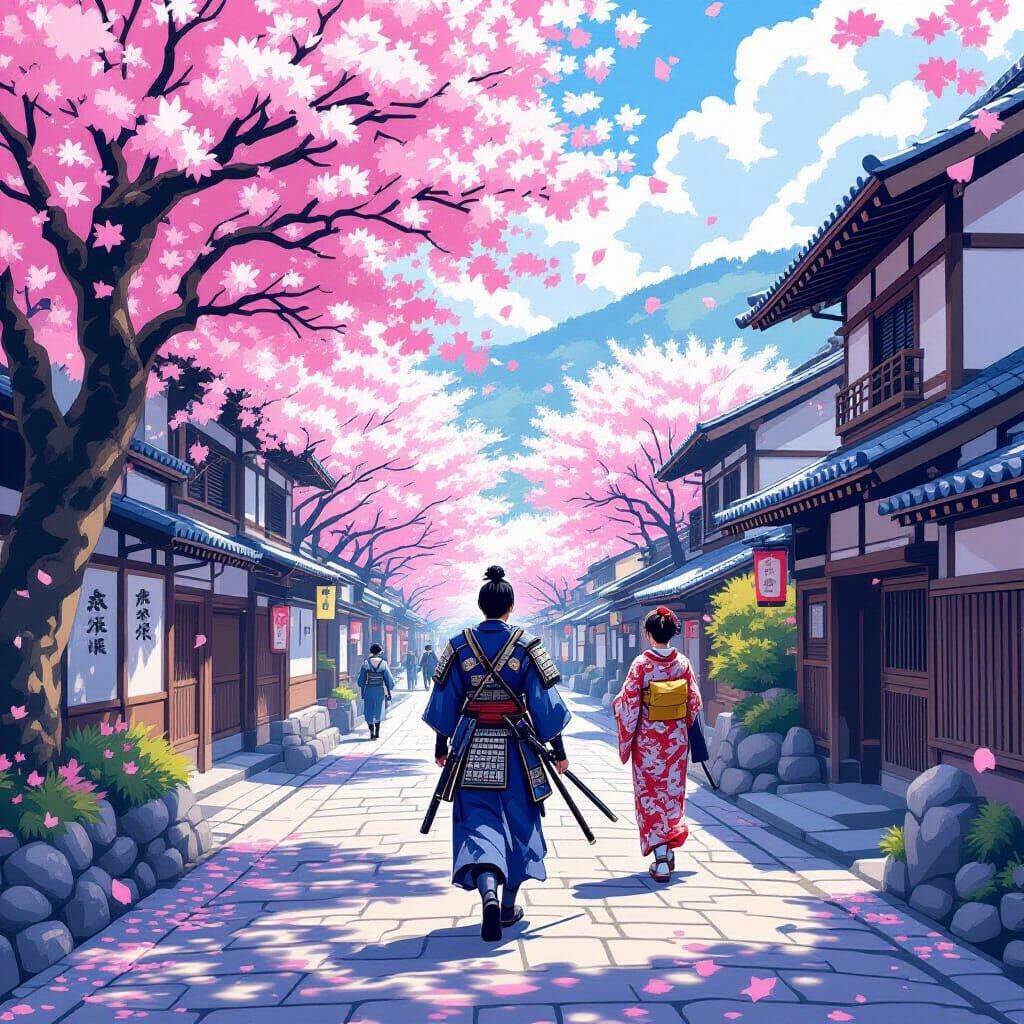 Samurai in Anime Style Village Scene
