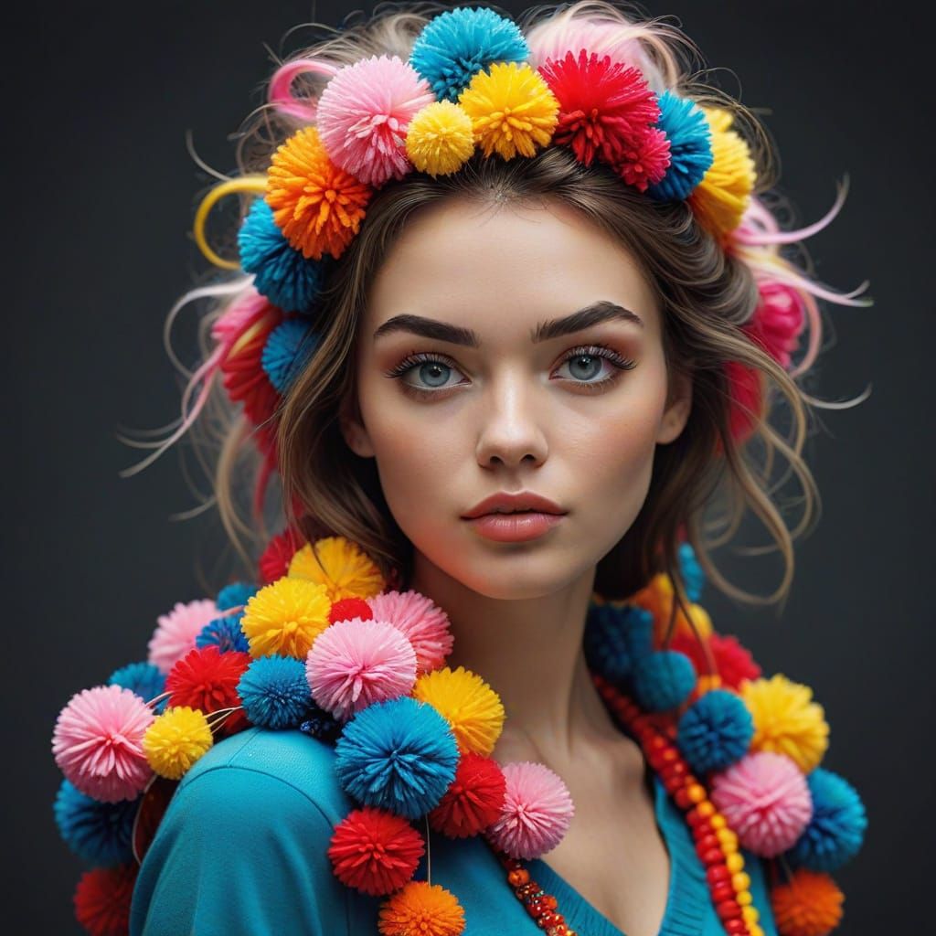 Colorful Pom Pom Portrait of a Young Woman