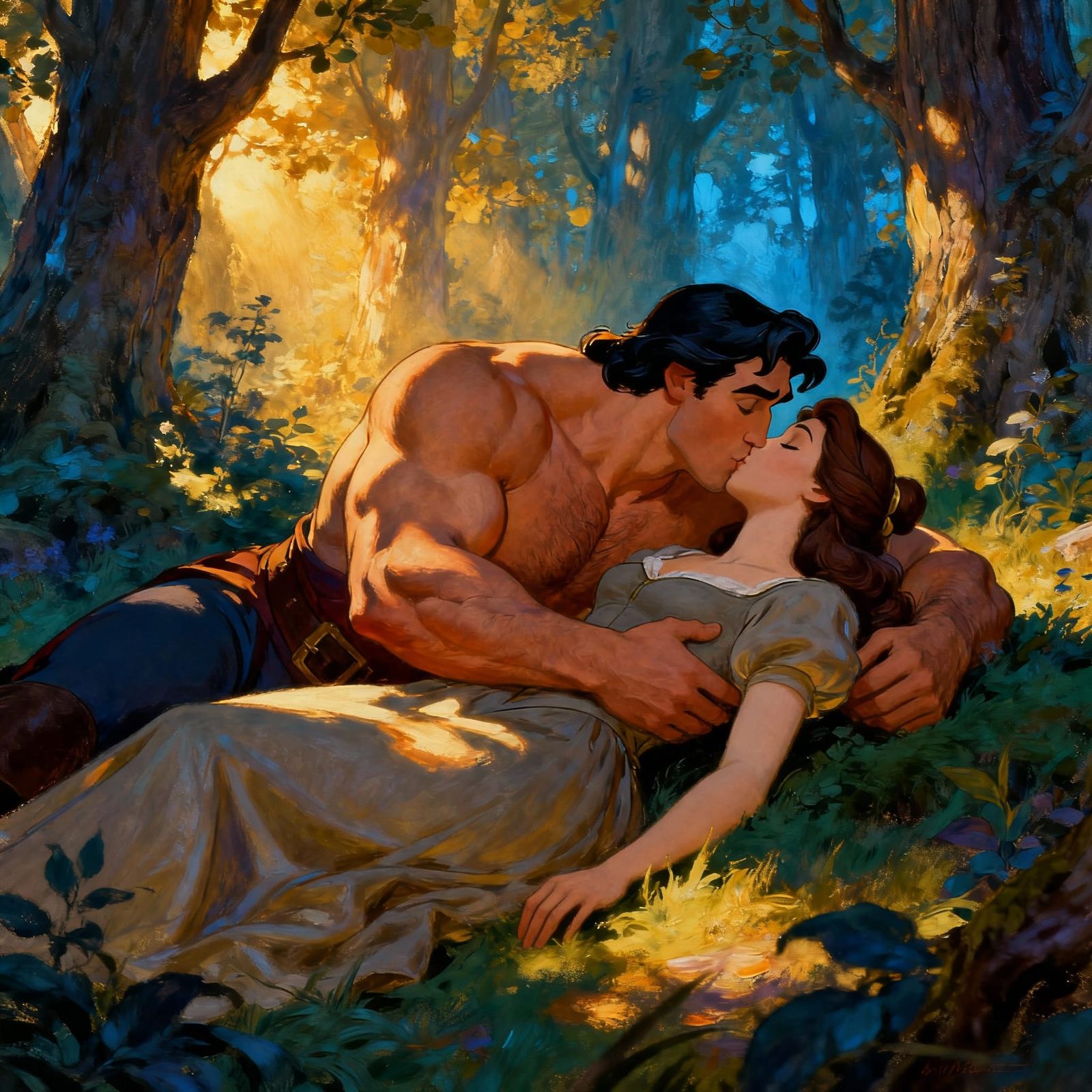 Muscular Gaston Kisses Belle in Enchanted Forest