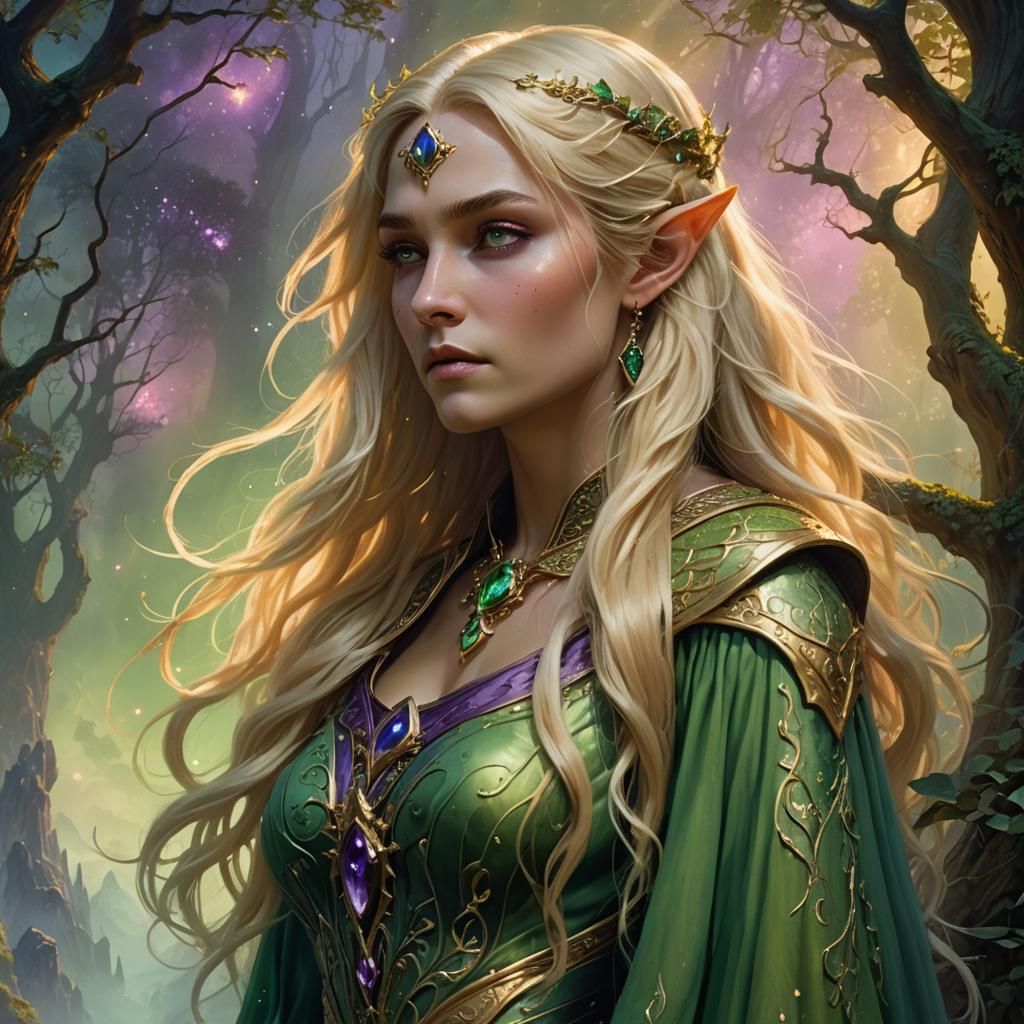 Elven Woman in Green Dress: Fantasy Art