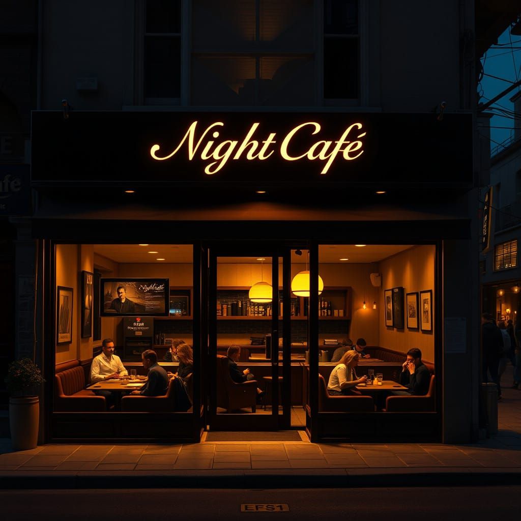 Warm NightCafe at Dusk, in Cinematic Hyper-Realism