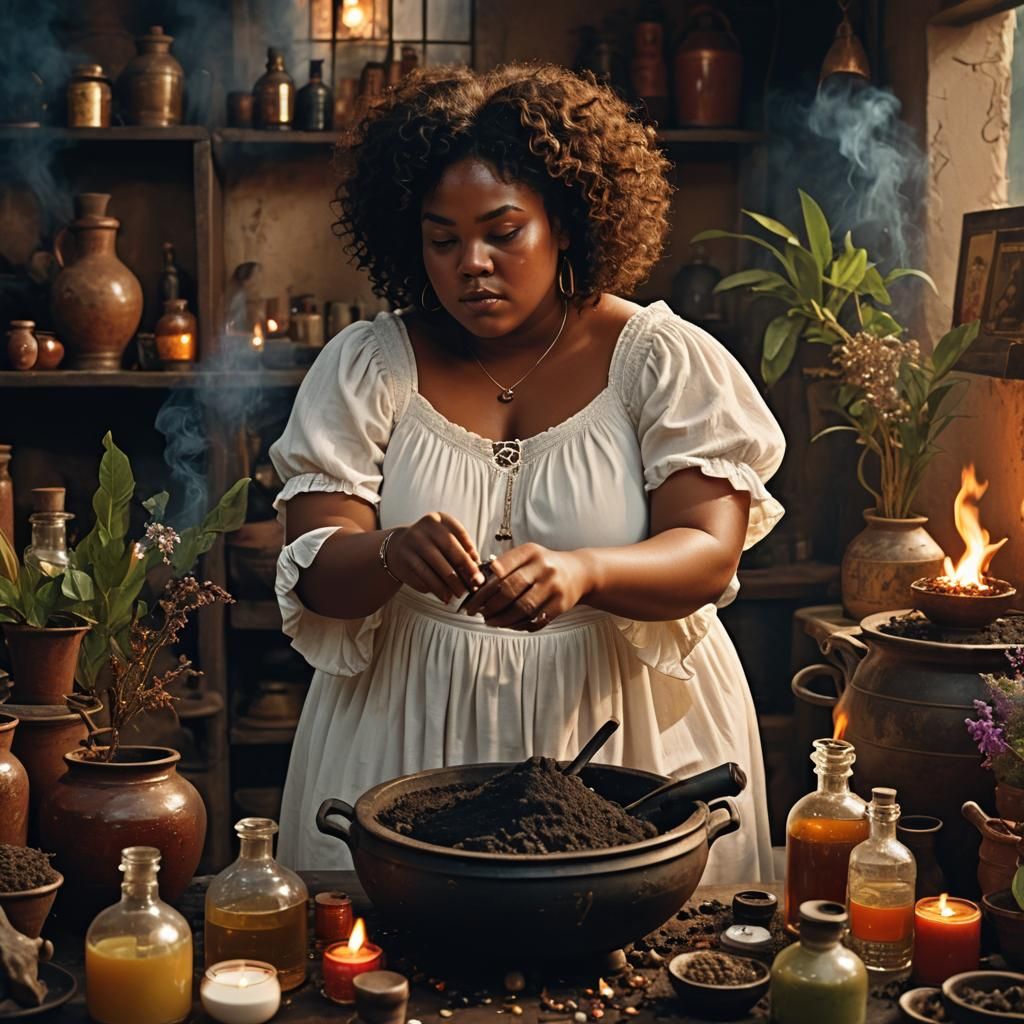 Caribbean Woman Mixing Herbal Remedies in Cinematic Style
