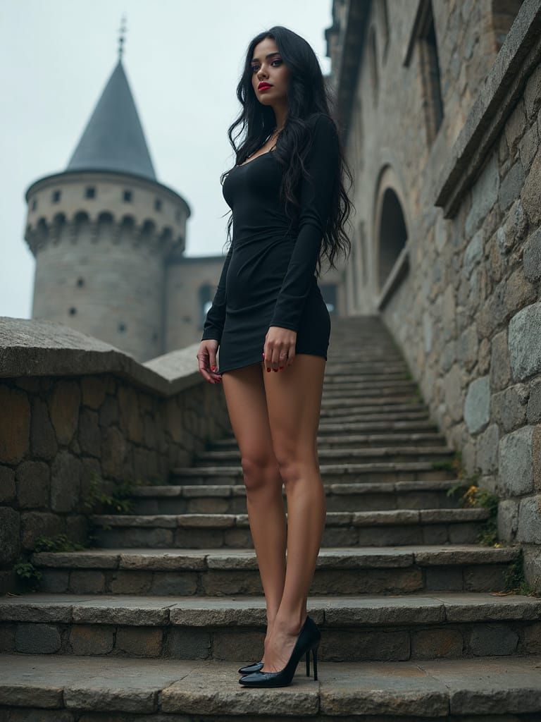 Hyperrealistic Woman on Castle Steps in Cinematic Style