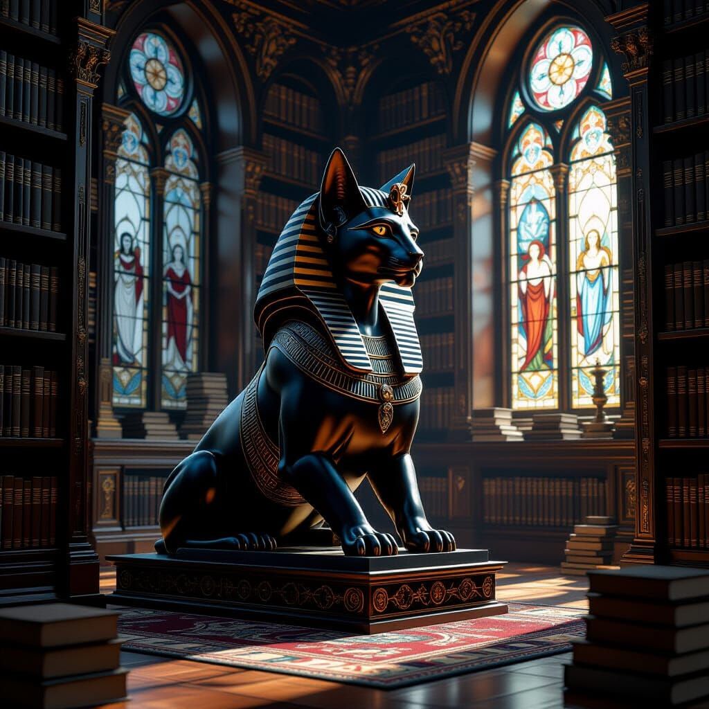 Regal Sphinx Guarding a Hidden Library in Hyperrealism