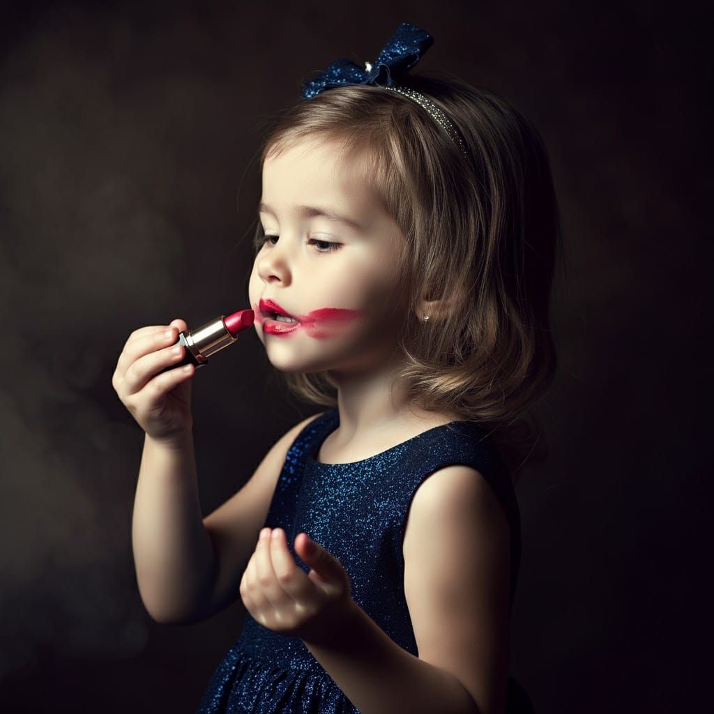 Little Girl in Mother's Dress With Lipstick