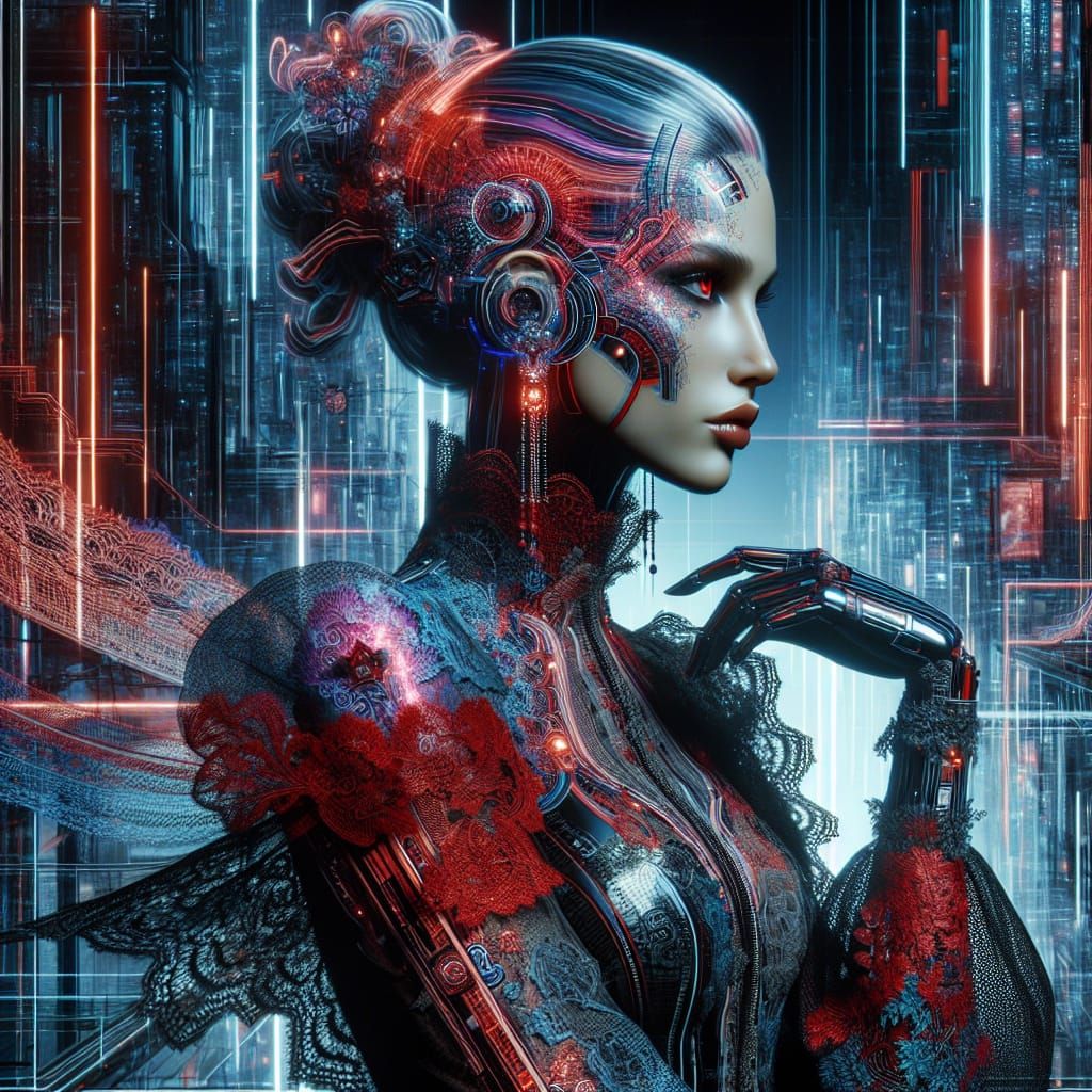 Futuristic Cybernetic Model in Neon Cyberpunk Style