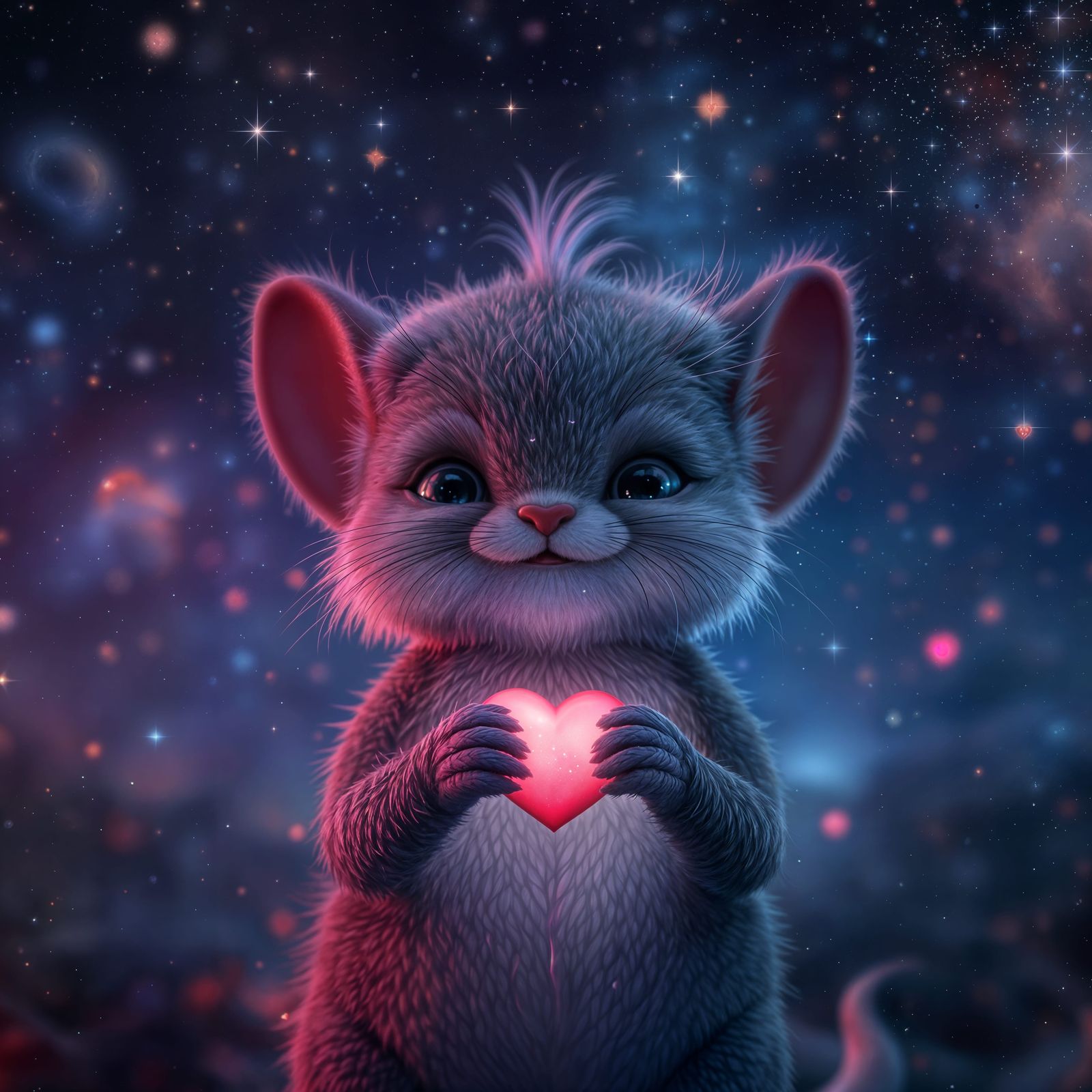 Adorable Critter Floats in Space Holding a Heart
