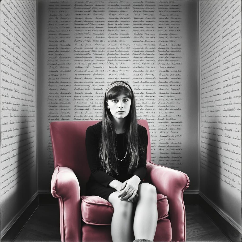 A young woman with a headband in her long straight hair sits in a velvet pink armchair in a grey room that listens. The ...