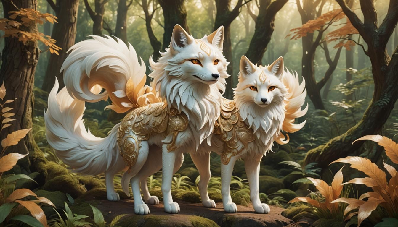 Magical Kitsune with Nine Tails in Forest