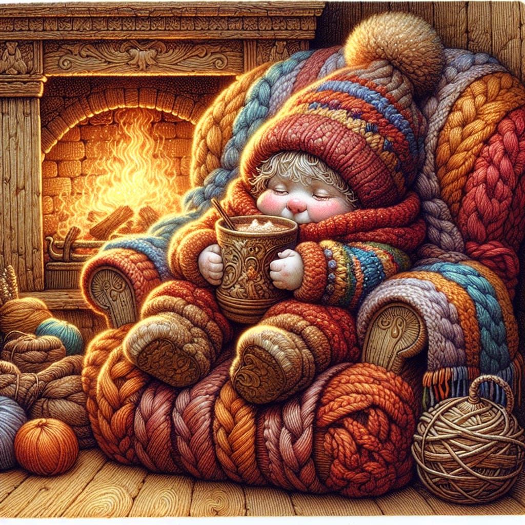 Cozy Gnome Enjoying Cocoa by Fireplace
