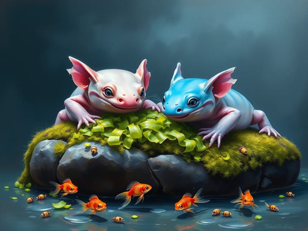 Axolotls in Joyful Dinner Scene with Goldfish and Crawdads