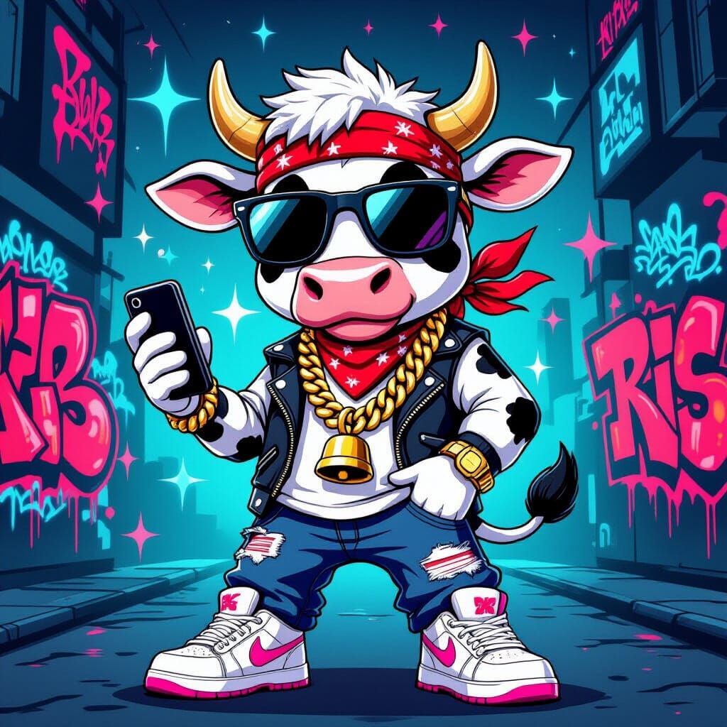Hip Hop Cow Character in Streetwear with Sunglasses