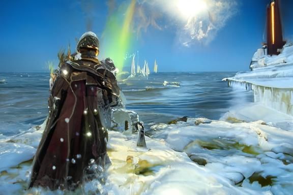 Glowing Sword on Frozen Beach: Sci-Fi Fantasy