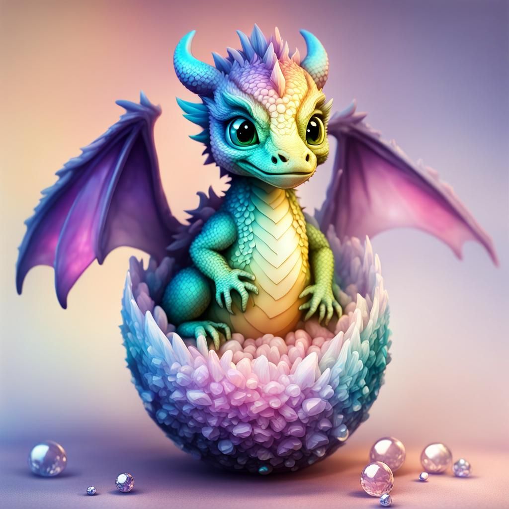 Pastel Rainbow Chibi Dragon in Crystal Egg