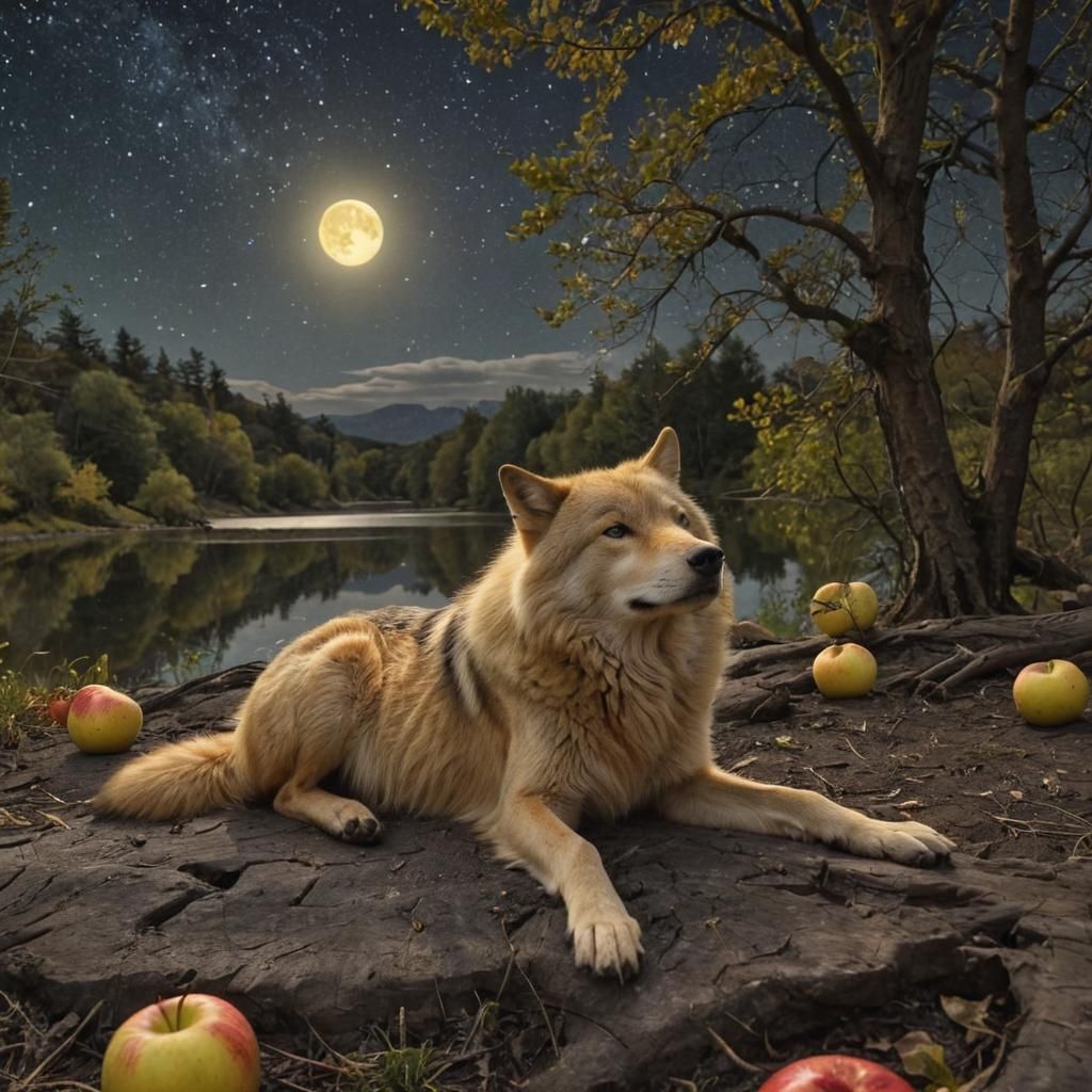 Yellow Wolf Under Stars in Digital Art Style