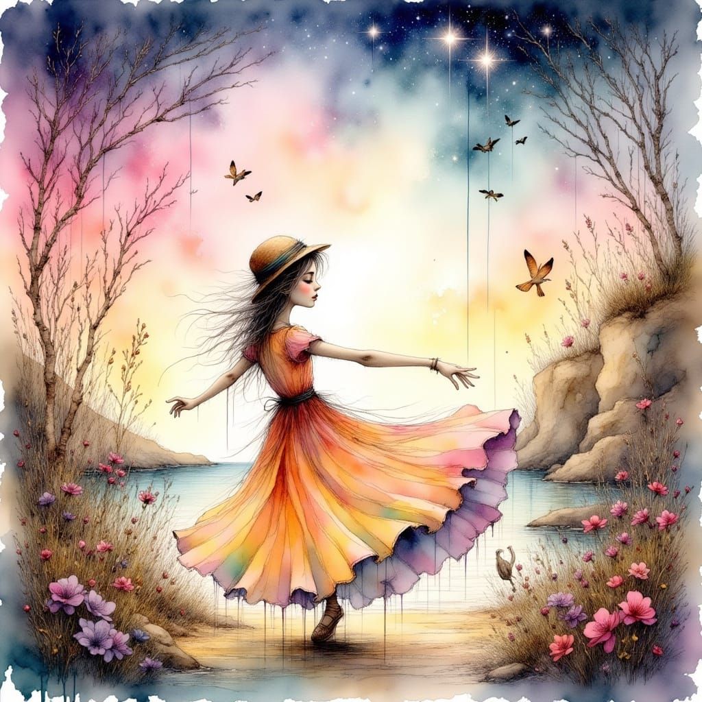 Whimsical Woman Dancing in Mystical Watercolor Landscape