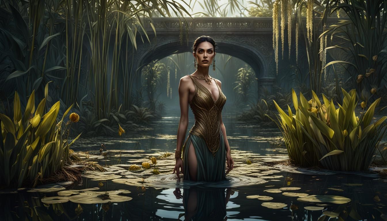 Olive Skinned Woman Rises from Lily Pond