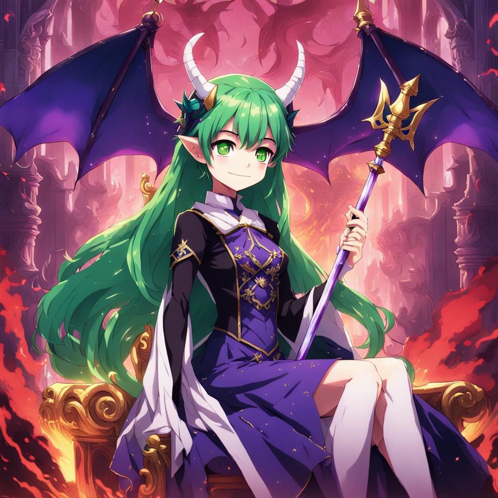 Green Haired Devil Girl Queen on Throne