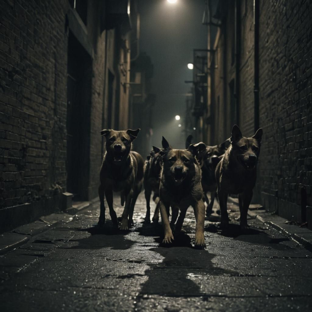 Snarling Dogs Attack in Dark Film Noir Alley