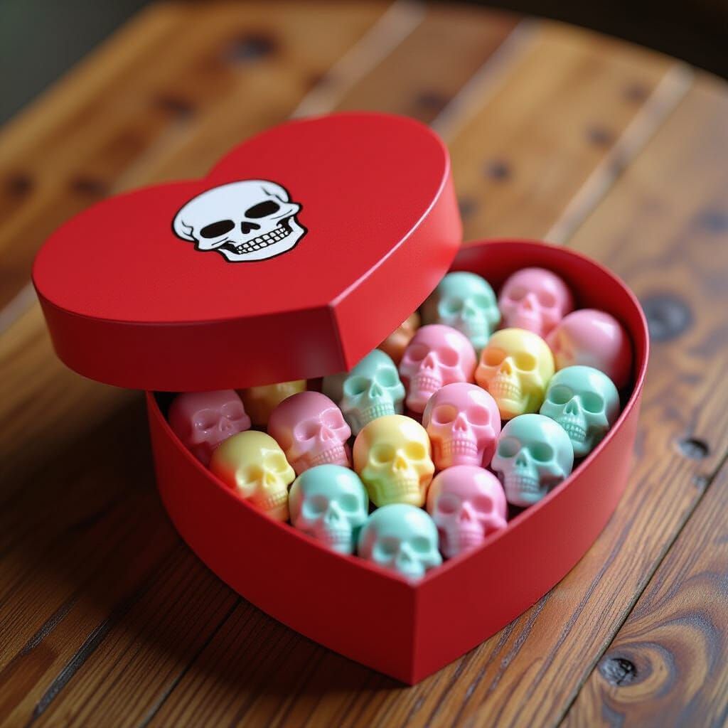 Skull Candies in Heart Box: Cinematic Film Still