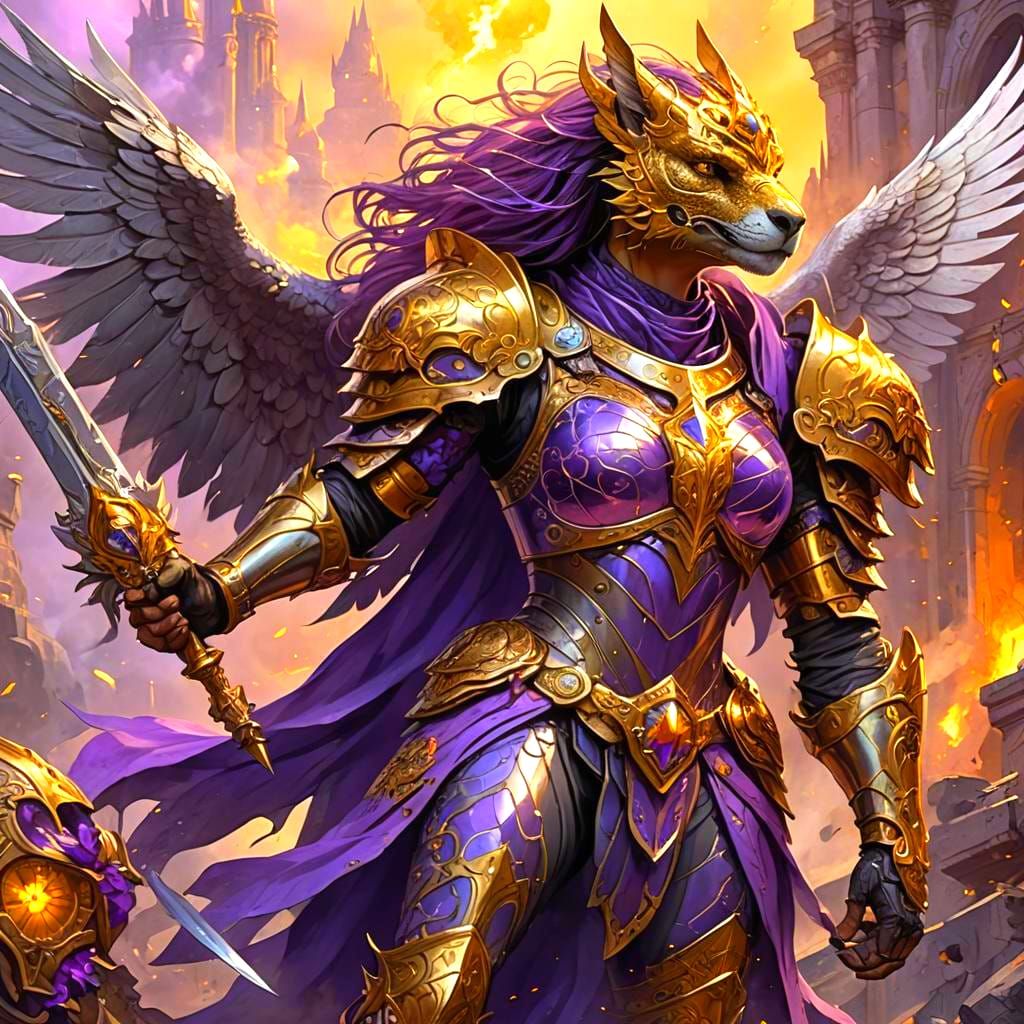 Mythological Griffin Over Destroyed Kingdom