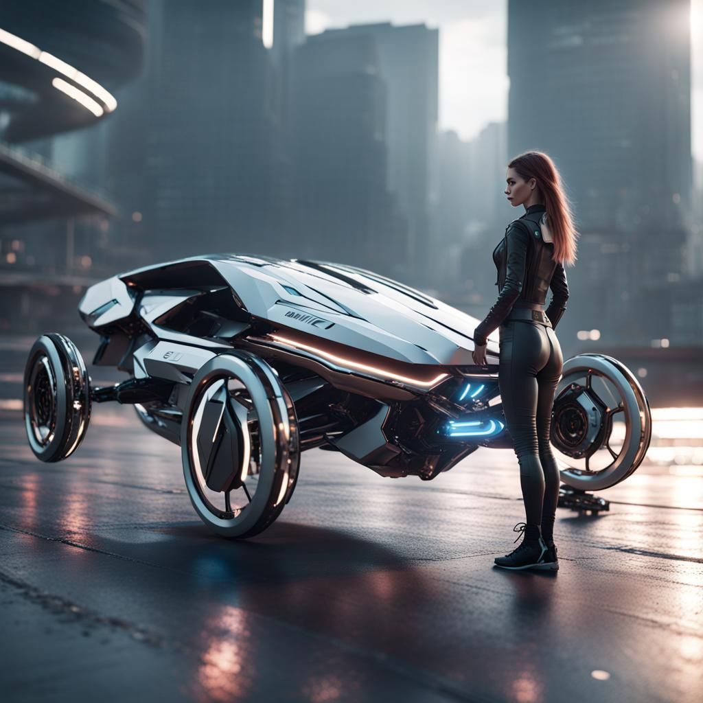 Futuristic Electric BMW Drone with Girl in Sci-Fi Style