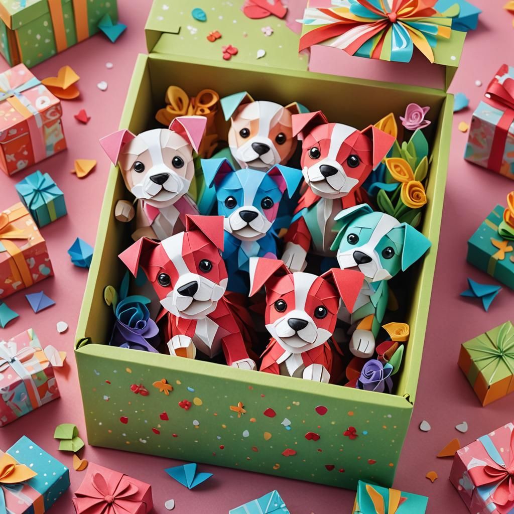 3D Origami Puppies Bursting From Gift Box