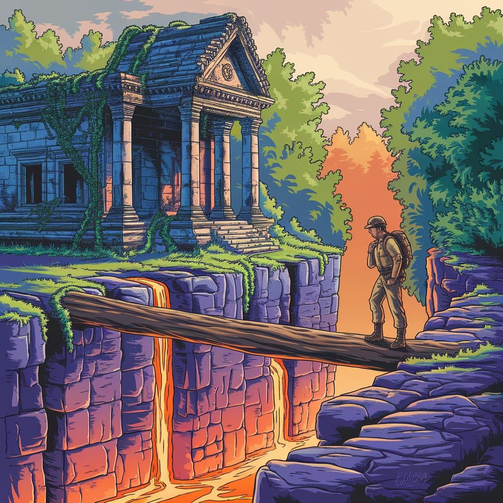 Jungle Temple Adventurer Contemplates Lava Chasm Crossing