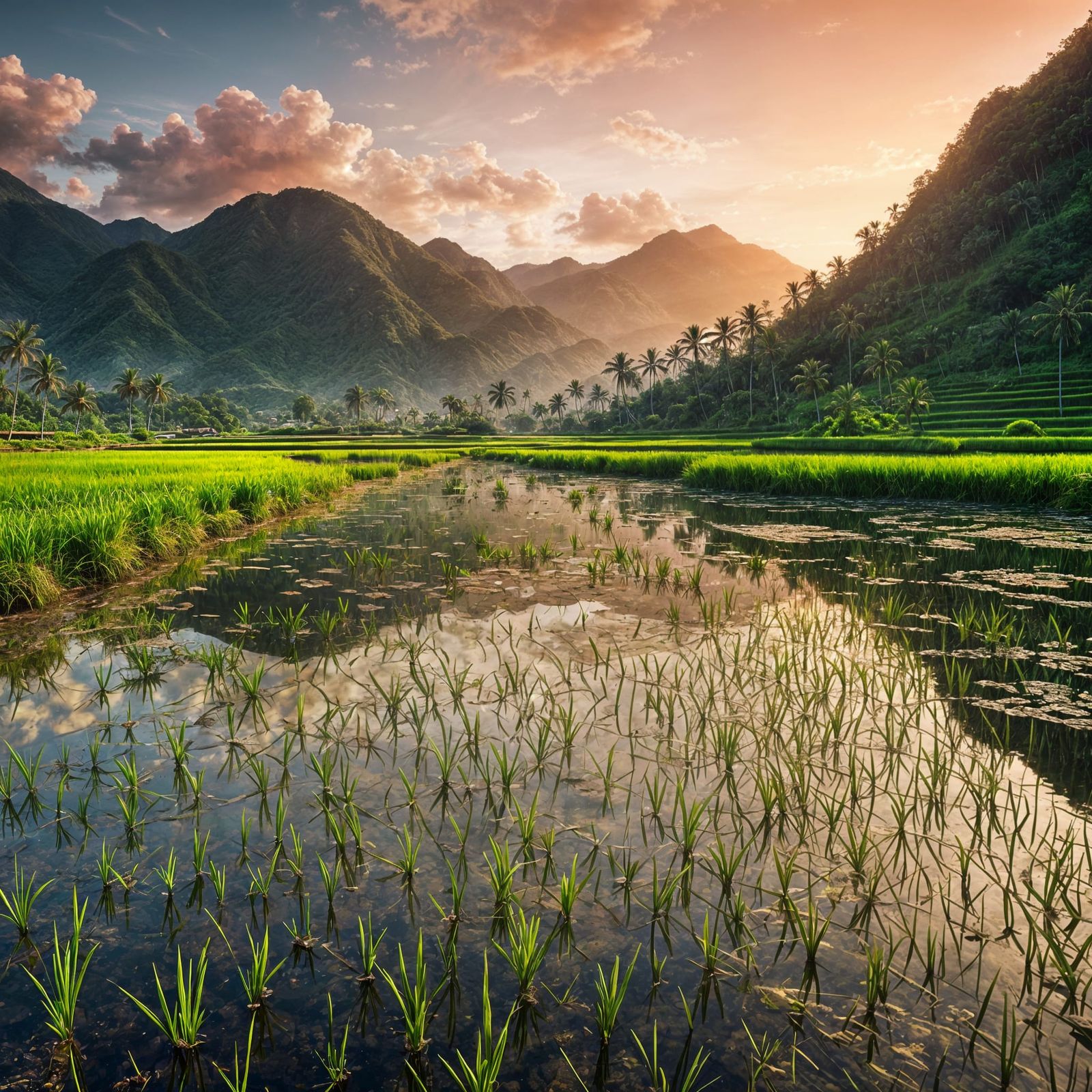 Lush Rice Paddy Field at Sunrise: Macro Photography