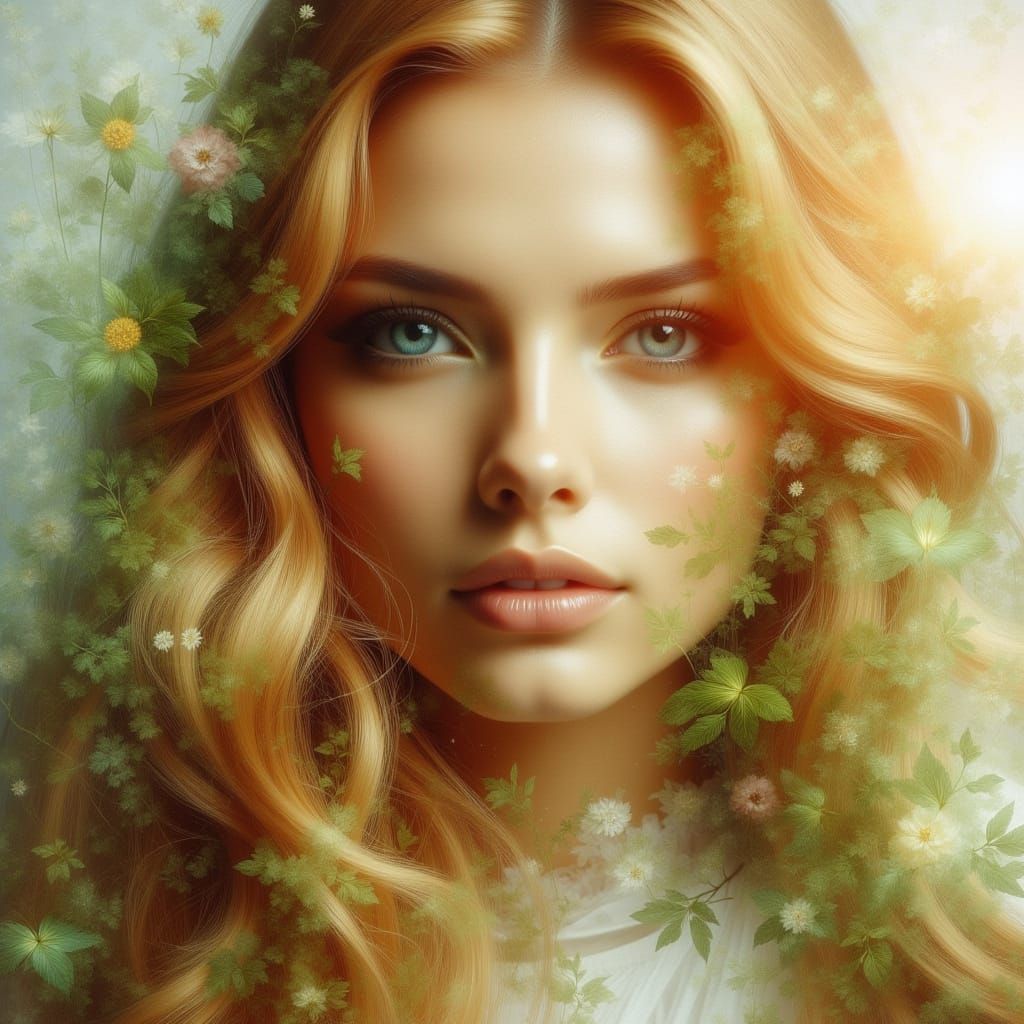 Blonde Woman with Double Exposure in Art Nouveau Style