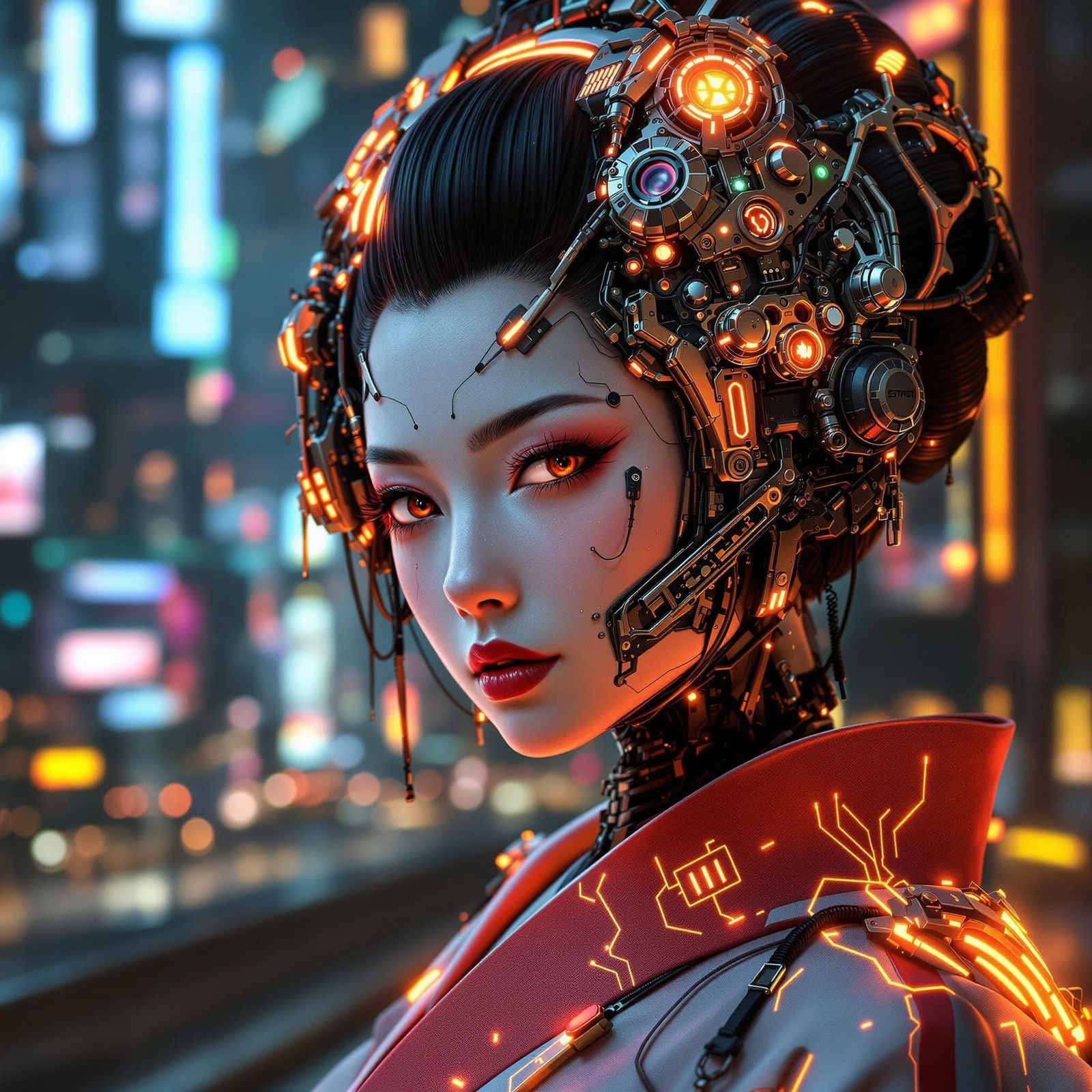 Cyberpunk Geisha in Futuristic Cityscape
