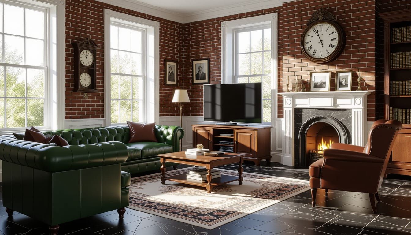 Sunlit Victorian Living Room with Leather Sofa and Fireplace