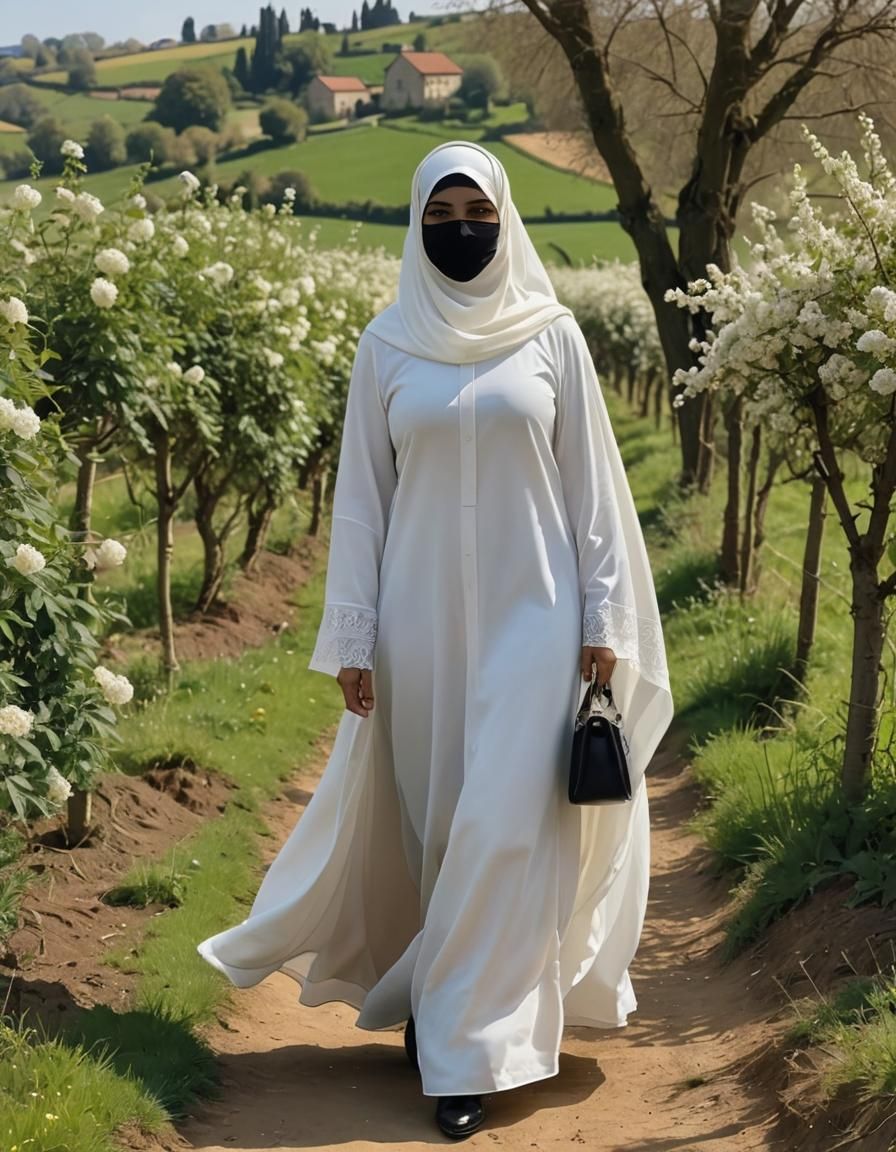 Veiled Woman Walking in Spring Landscape as Oil Painting
