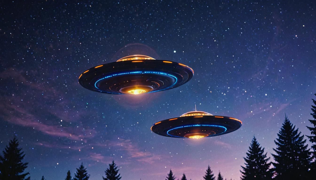 Ethereal UFOs Soar Under Vibrant Night Sky with Deep Blues a...