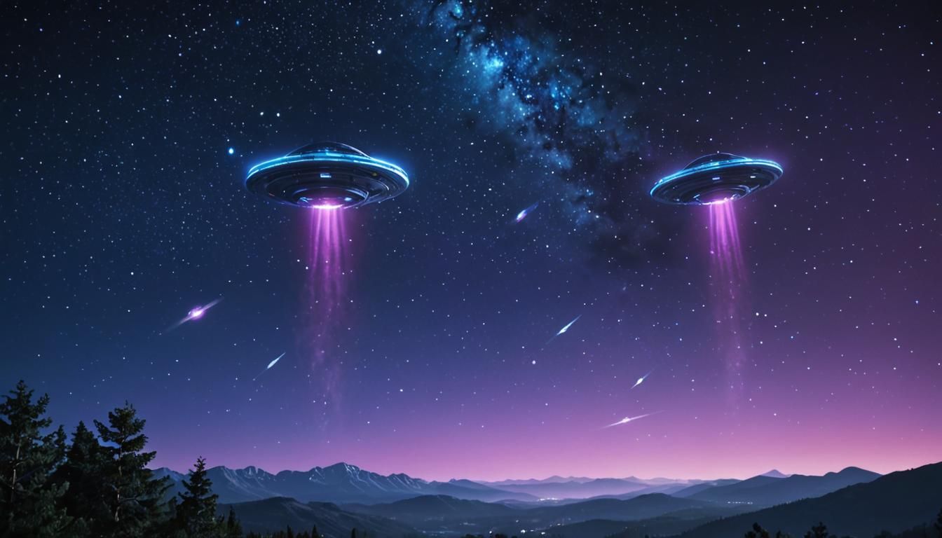 Ethereal Night Sky with Two Flying UFOs in Cinematic Film St...