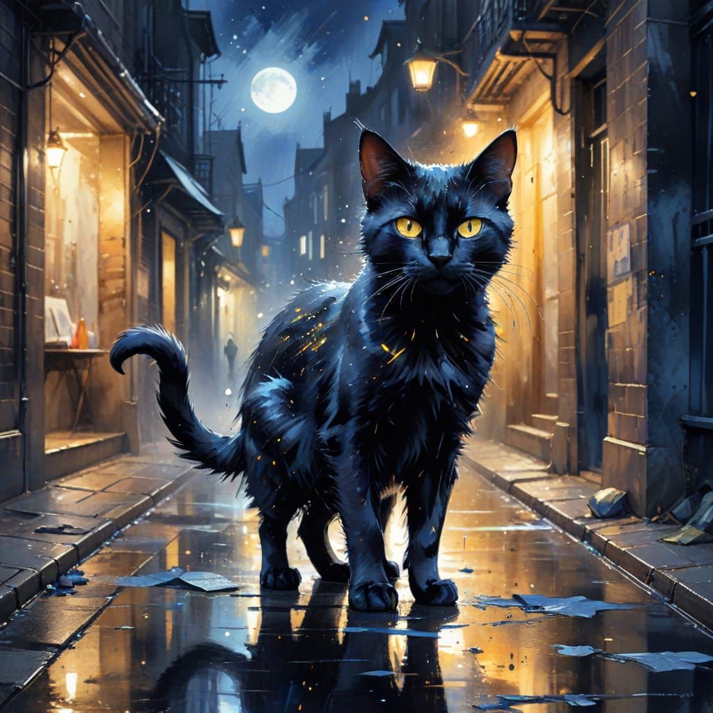 Golden Striped Black Cat in Moonlit City Alley