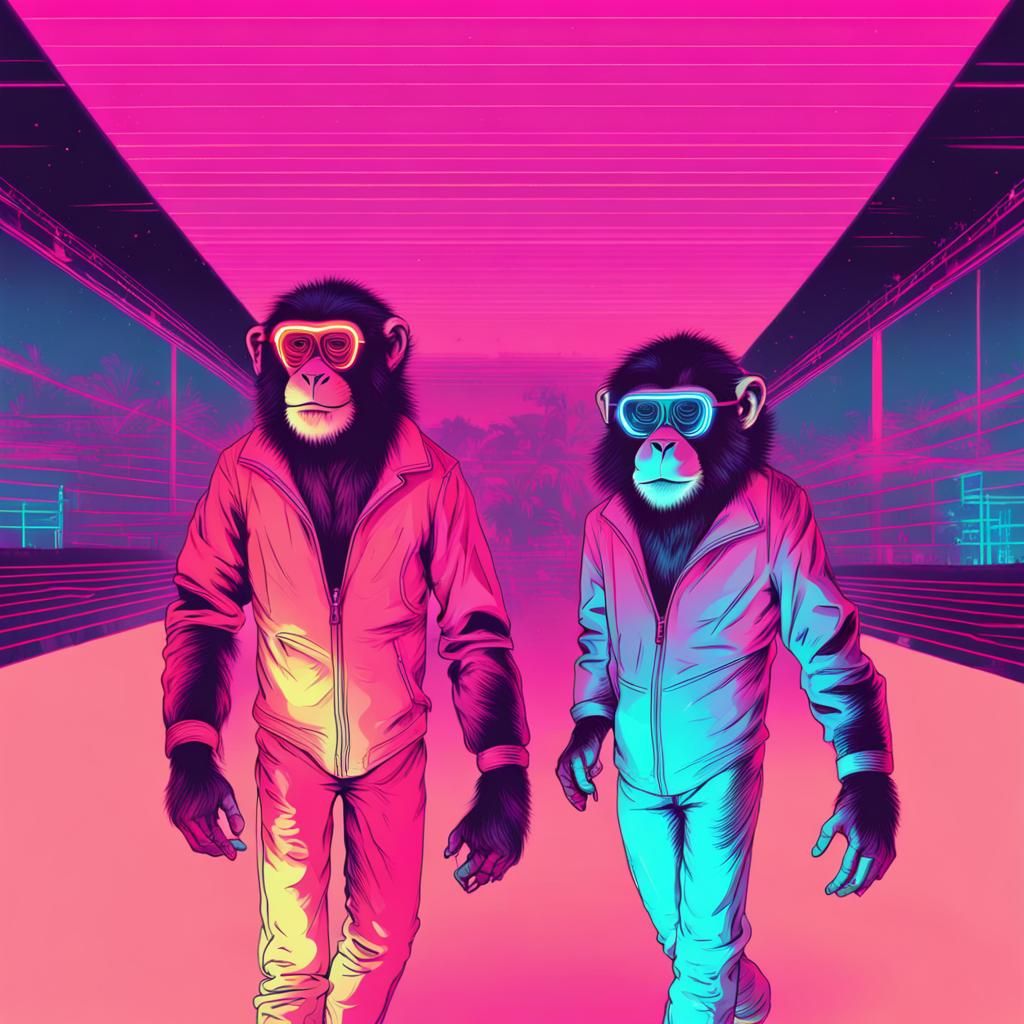 Monkeys in Synthwave Neon Retro Style