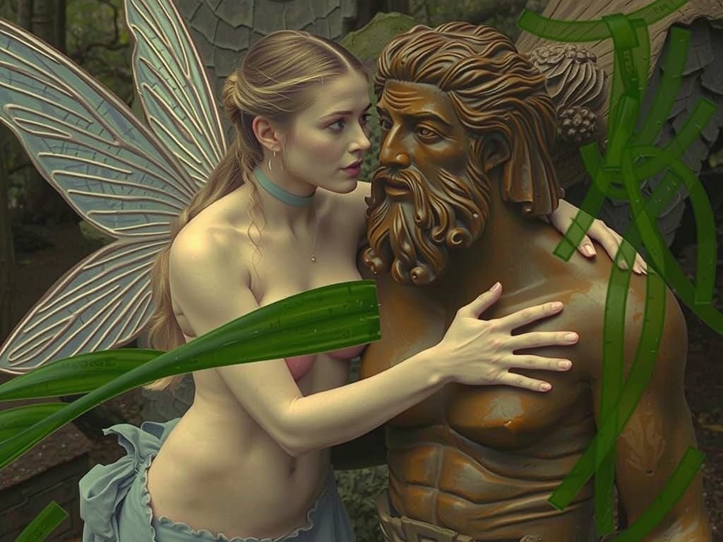 Blond Fairy Woman in Forest Next to Wooden Statue