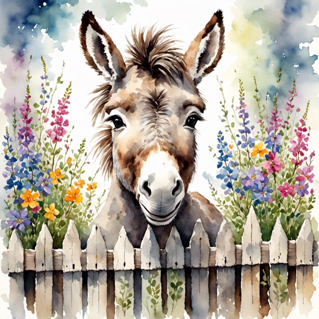 Adorable Donkey Peeking Over Fence in Watercolor Style