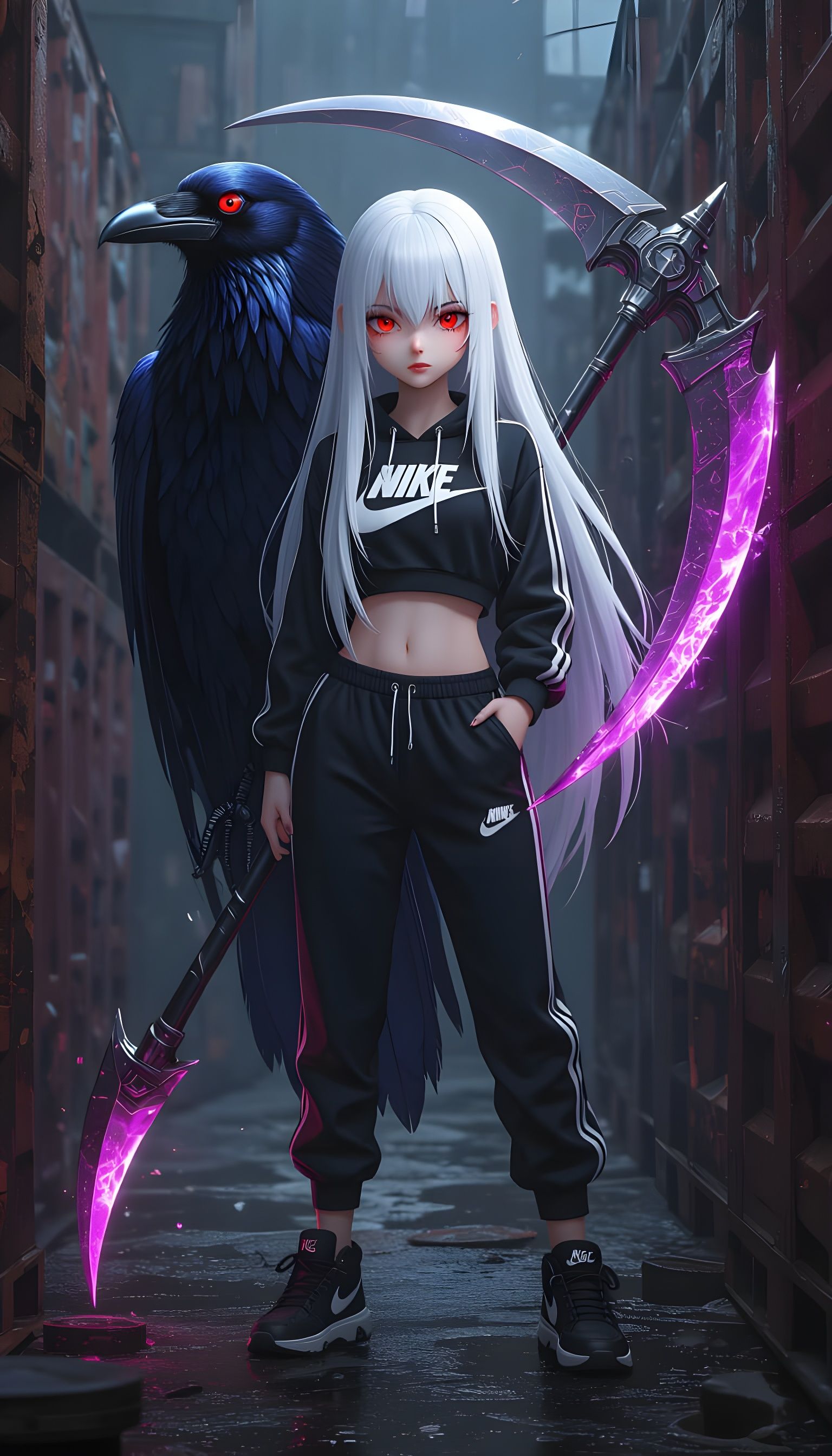 Raven Hybrid Girl in Anime Style with Scythe