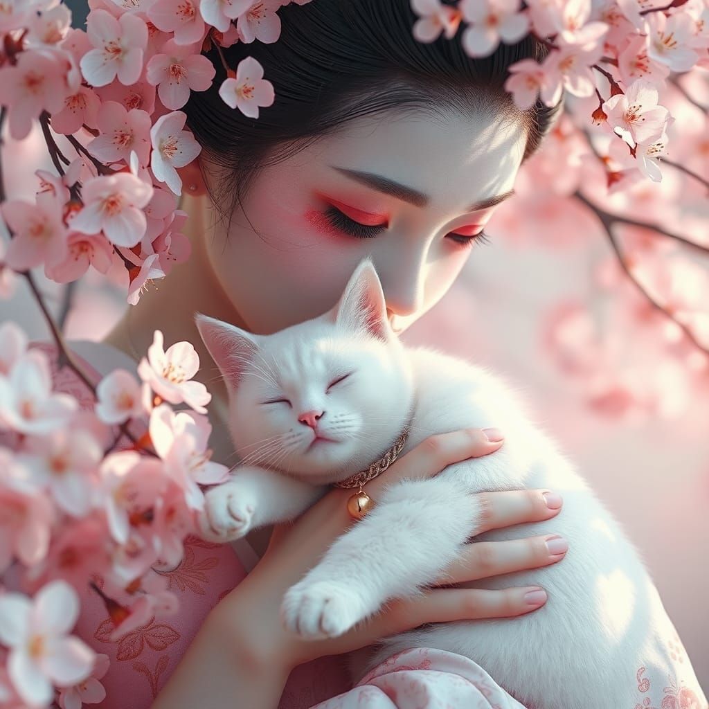 Geisha and Cat in Dreamlike Matte Painting Style
