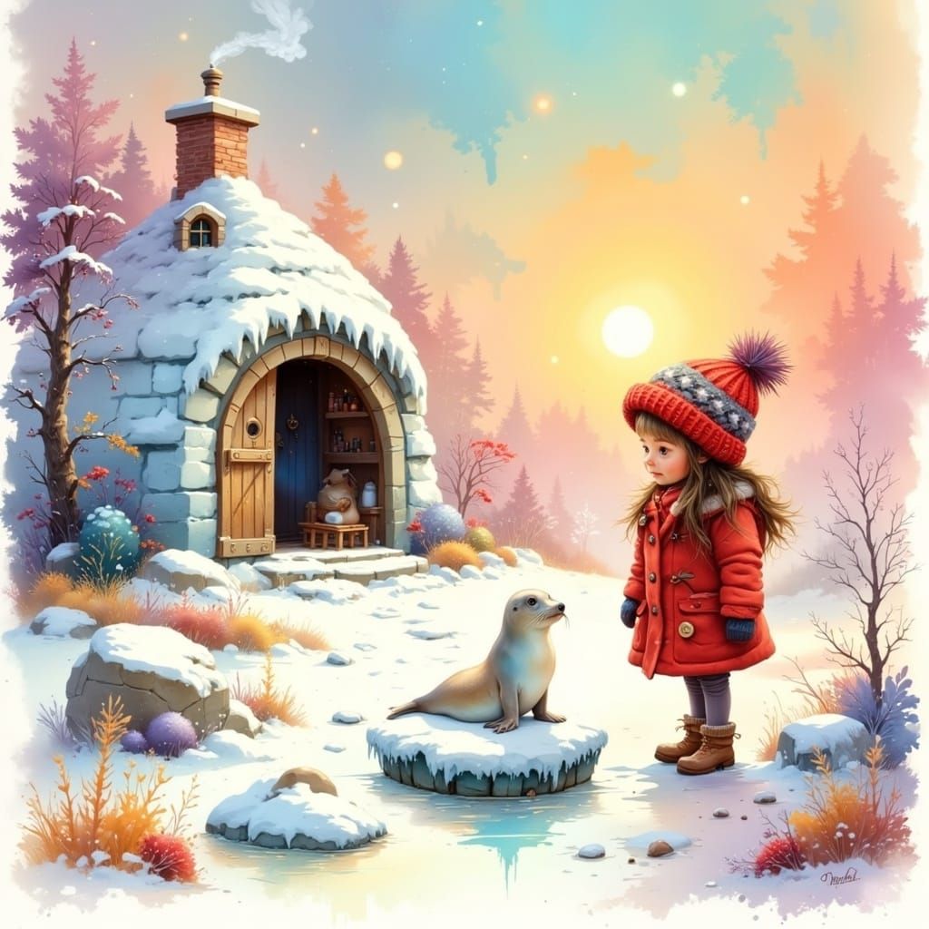 Whimsical Girl in Crimson Coat Observes Seal on Ice Floe Ami...