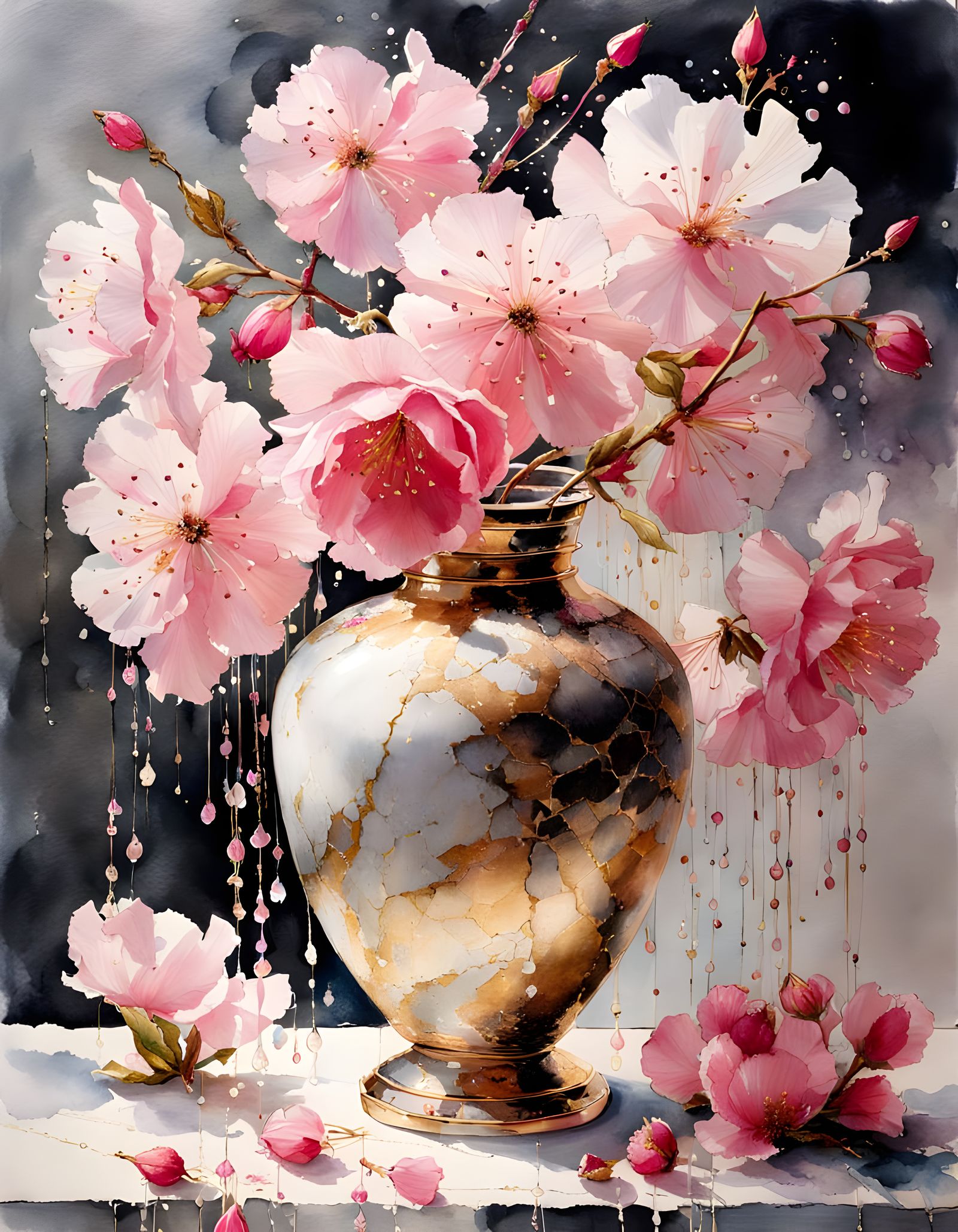 Pink Blossoms in Kintsugi Vase