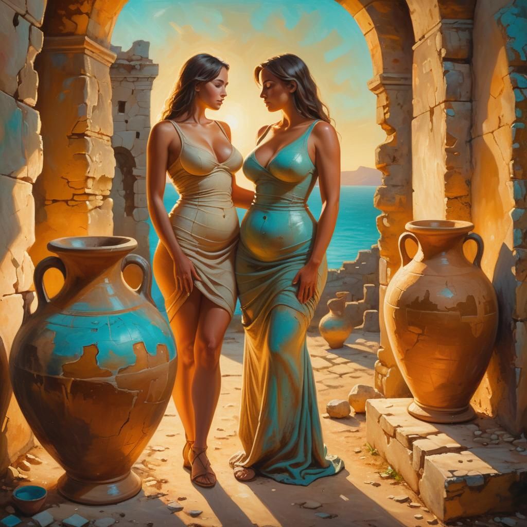 Hourglass Woman in Sunlit Ruins: Surreal Oil Painting