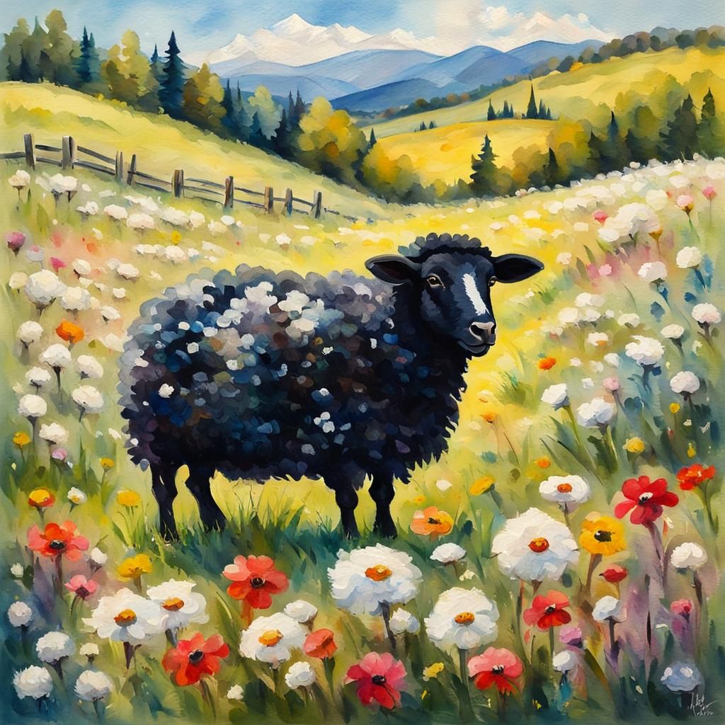 Fluffy Sheep in Flowery Meadow: Gouache Watercolor Painting