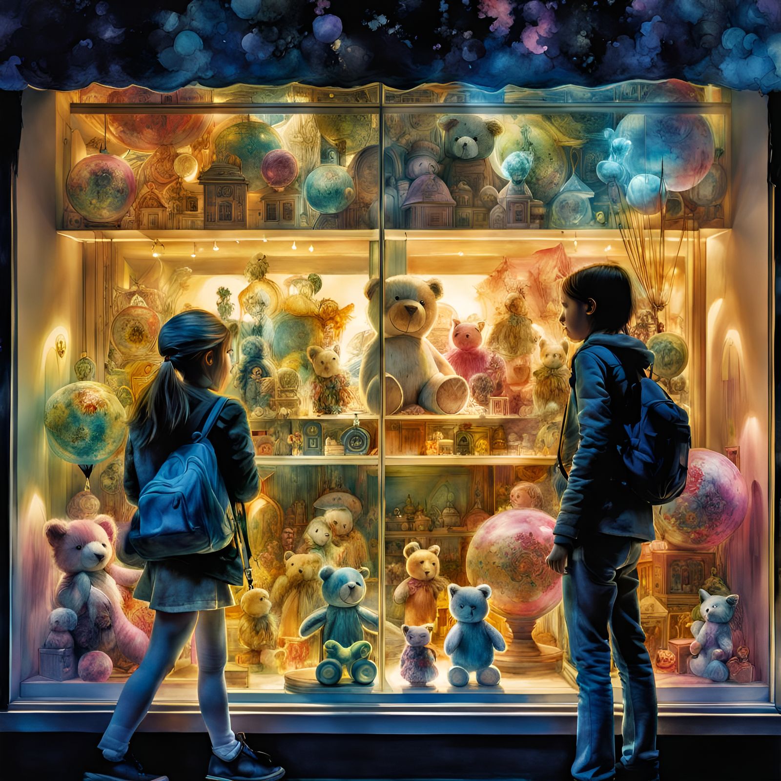 Toy Shop Window in Digital Watercolor Illustration