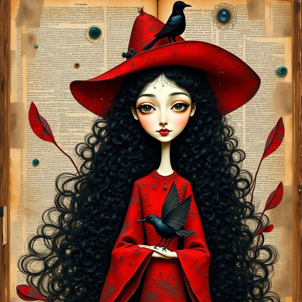 Whimsical Woman in Red and Black Mixed Media Art