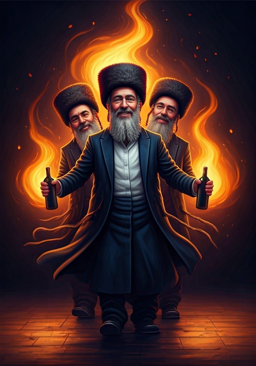 Regal Haredi Men Dance Amidst Ethereal Flames in a Joyful Ce...